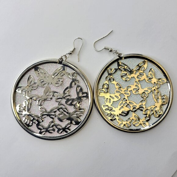 Silver Butterfly Earrings Silver Glitter Large Round Earrings Butterfly Earrings - Picture 4 of 5